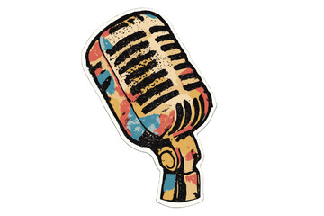 Retro microphone pop art collage paper sticker. Grunge halftone mike illustration for musician performance, concert or podcast. Vector for punk rock music or karaoke night party.