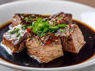 Delicious braised beef short ribs are garnished with herbs in a rich sauce served in a white dish now.