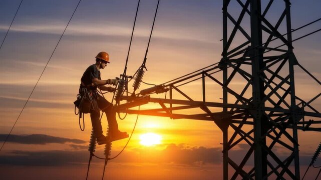 worker in safety gear is silhouetted against vibrant sunset performing maintenance on high-voltage power lines and insulators atop tall lattice transmission tower The sun glows brightly on the horizon