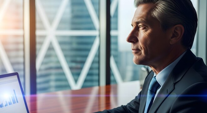 Senior Businessman Working on Laptop in Modern Office, Focused and Determined