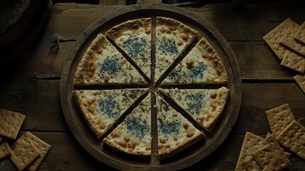Sliced pizza on rustic wooden board