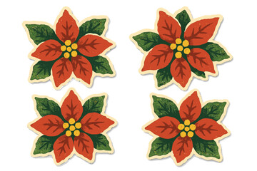 Vintage Christmas poinsettia flower stickers in naive collage style with torn paper texture, green leaves and red petals, traditional holiday festive decoration illustration