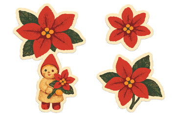 Vintage Christmas sticker set with cute clay toy holding bright red poinsettia flowers, torn paper texture collage style, naive halftone vector cartoon illustrations for holiday decoration