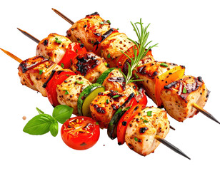 Grilled chicken skewers with vegetables, herbs, and a cherry tomato