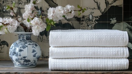 Stacked white blankets, blue vase, blossoms, tiled background