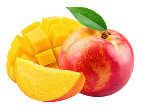 Vibrant arrangement diced mango, mango slice, & nectarine w/ leaf