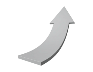 Three-dimensional, curved, upward-pointing arrow with gray shading on a black background