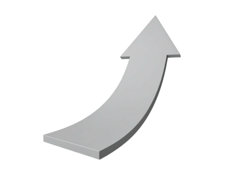 Three-dimensional, curved, upward-pointing arrow with gray shading on a black background