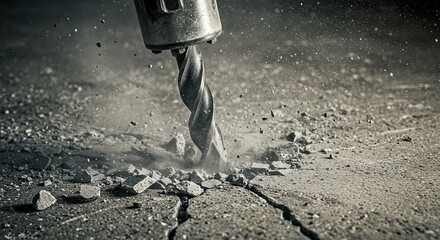 Drill piercing concrete surface construction industry and building concept