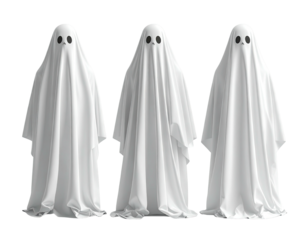 Three ghostly figures draped in white sheets with black, oval eyes