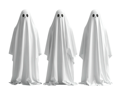 Three ghostly figures draped in white sheets with black, oval eyes