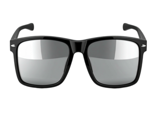 Black-framed glasses with reflective lenses, centered on a black background