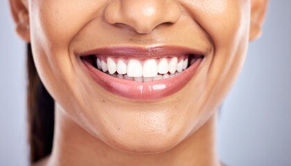 Obraz premium Portrait, closeup and woman with mockup, white teeth and smile against a studio background. Face, female person and girl with happiness, oral hygiene and dental care with wellness, zoom and health