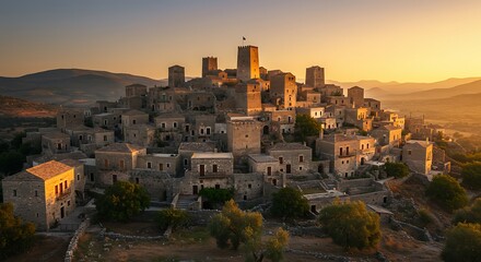 Obraz premium Ancient stone village illuminated by golden sunlight at sunset