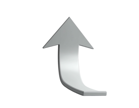 A metallic, upward-curving arrow against a black background