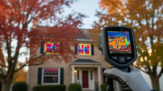 gloved hand holds thermal imager its screen showing house with heat variations The background reveals the actual house with windows displaying bright thermal spots against autumn foliage