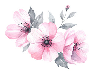 Watercolor floral arrangement with pink blossoms and grey foliage on black