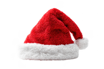 Festive red Santa hat with fluffy white brim, perfect for holiday celebrations and winter festivities. This cheerful accessory adds joyful touch to any Christmas outfit