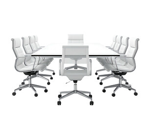 A bright white conference table surrounded by matching chairs, set on black
