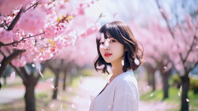 Mujer joven con cabello oscuro posando al aire libre entre flores rosadas de primavera