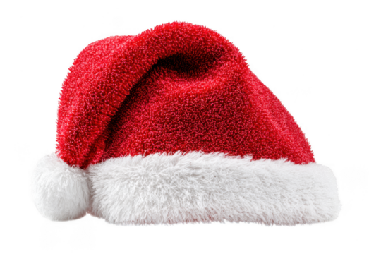 Festive red Santa hat with fluffy white trim, perfect for holiday celebrations and Christmas spirit. This iconic accessory adds joy and cheer to any seasonal outfit - Powered by Adobe