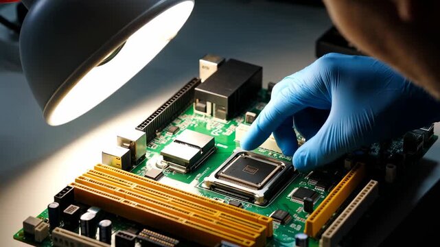 Close-up of a technician's hand in a blue glove installing a CPU on a computer motherboard under a bright lamp