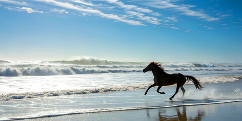 Majestic horse galloping along a serene beach shoreline, with gentle waves crashing and a clear blue sky, capturing the essence of freedom and natural beauty