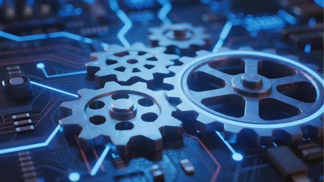 Mechanical gears integrated with electronic circuitry on a blue-toned technological background - Powered by Adobe