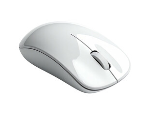 Sleek, white computer mouse angled slightly, with a scroll wheel and buttons visible
