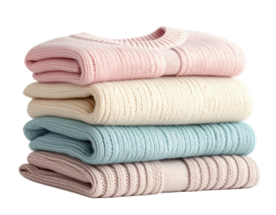 A neatly stacked assortment of folded, soft-colored sweaters