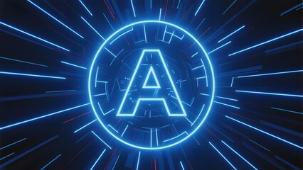 Neon blue letter A in a glowing circular frame with radiating lines on a dark background