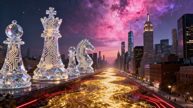 Giant Crystal Chess Pieces in Futuristic City