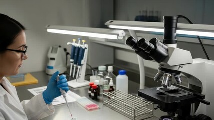 researcher wearing lab coat and blue gloves meticulously pipettes red sample onto slide A microscope multiple pipettes and various solutions fill the illuminated laboratory workspace - Powered by Adobe