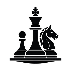 Silhouette of chess pieces king pawn and knight on white background