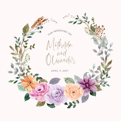 purple yellow floral watercolor wreath