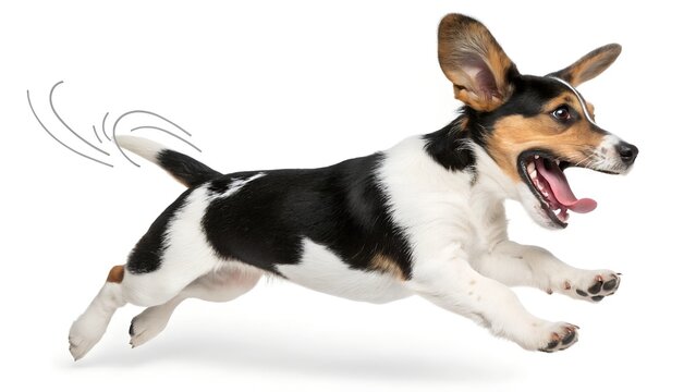Excited puppy leaps with joy, wagging tail, perfect for pet lovers and heartwarming animal content