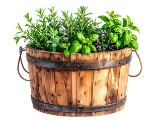 A rustic wooden barrel overflowing with fresh, vibrant green herb plants