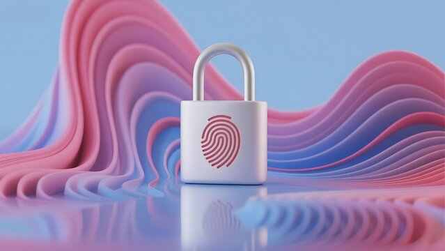 A white padlock with a fingerprint symbol on it, set against a colorful abstract background with flowing pink and blue waves.