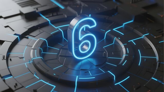 Futuristic digital display featuring a glowing number six on a high-tech circular interface with blue neon lines.