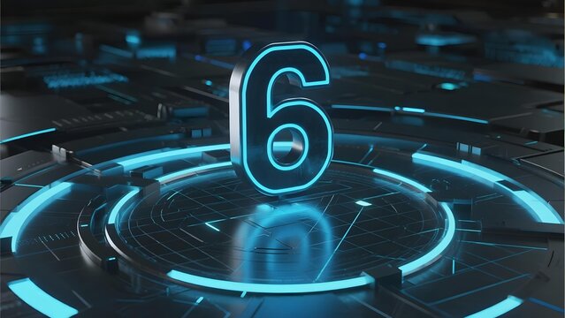 Digital number six displayed on a futuristic interface with glowing blue circuits and holographic elements