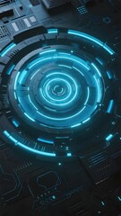 Obraz premium Futuristic digital interface with glowing blue circular patterns and high-tech panel design