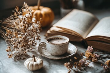 A cozy autumnal scene with a cup of coffee, a book, and dried flowers.