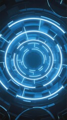 Futuristic blue neon circular tunnel with glowing rings and geometric patterns