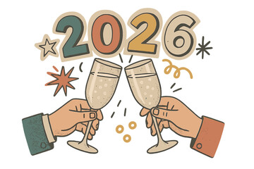 New Year 2026 retro greeting card. Hands clinking champagne glasses in a toast. Vintage celebration concept. Halftone art collage with cutout magazine shapes and doodles.