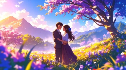 Couple embraces amidst a vibrant floral meadow, beneath a blossoming tree, against a backdrop of mountains and a pastel sky