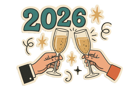 Happy New Year 2026 retro greeting card. Hands clinking glasses of champagne in a toast. Halftone art collage with cutout magazine shapes and doodles for a festive design.