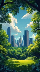 Fototapeta premium Cityscape viewed from lush green park.
