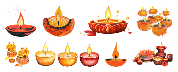 Naklejka na ściany i meble PNG Colorful festive Diwali diya collection, element set on transparent background