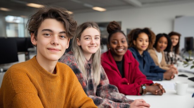 Diverse young individuals engaged in a collaborative discussion in a modern workspace