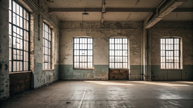 Sunlight streams into a vast empty abandoned industrial building with large windows